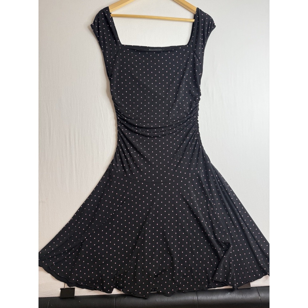 Women's Square Neck Black and Pink Polka Dots Dress Rouched Drop Waist S/M